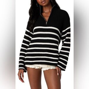 Edikted Black White Striped Oversized Quarter Zip Sweater M